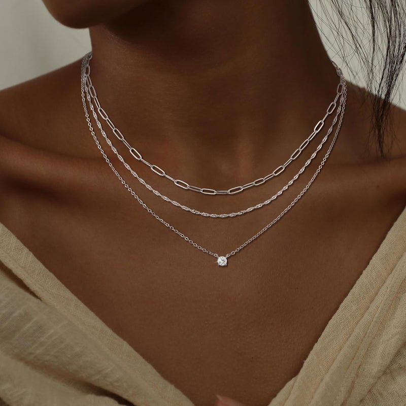 CHESKY Layered Necklaces for Women Trendy, Silver Plated Dainty Stacked Necklace Simple CZ Diamond Pendant Necklaces Waterproof Silver Necklace Stack Adjustable Cute Jewelry Set for Women - Image 2