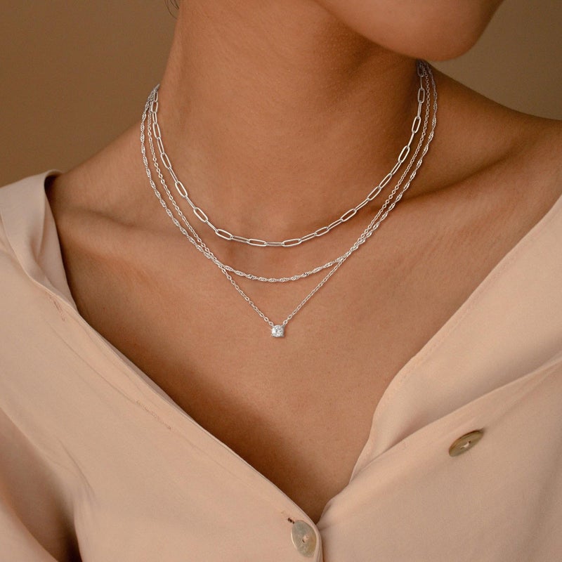 CHESKY Layered Necklaces for Women Trendy, Silver Plated Dainty Stacked Necklace Simple CZ Diamond Pendant Necklaces Waterproof Silver Necklace Stack Adjustable Cute Jewelry Set for Women - Image 4