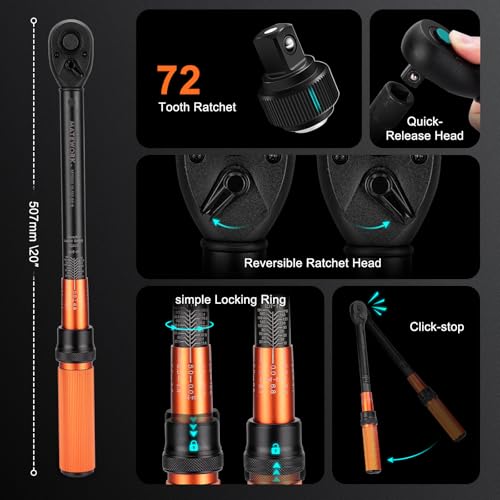 Matework 1/2-Inch Drive Torque Wrench Set 22PCS, 10-180FT.LB/13.6-244.1Nm, Click Torque Wrench Socket Set, 72-Tooth Dual-direction, ±3% Precision Adjustable Torque Wrench for Lug Nut, Bicycle, Moto, Car - Image 5