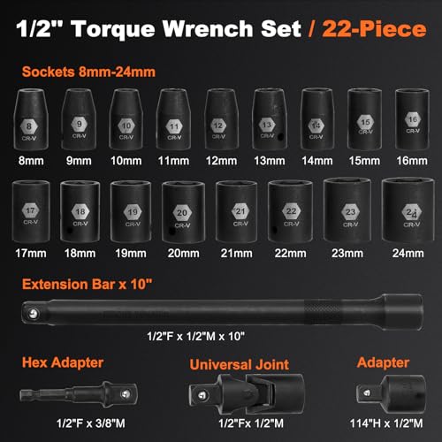 Matework 1/2-Inch Drive Torque Wrench Set 22PCS, 10-180FT.LB/13.6-244.1Nm, Click Torque Wrench Socket Set, 72-Tooth Dual-direction, ±3% Precision Adjustable Torque Wrench for Lug Nut, Bicycle, Moto, Car - Image 2
