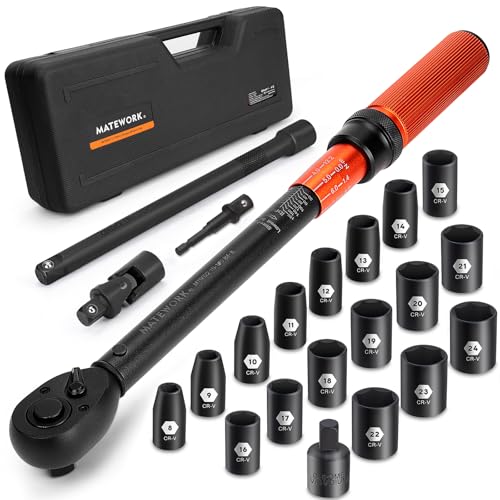 Matework 1/2-Inch Drive Torque Wrench Set 22PCS, 10-180FT.LB/13.6-244.1Nm, Click Torque Wrench Socket Set, 72-Tooth Dual-direction, ±3% Precision Adjustable Torque Wrench for Lug Nut, Bicycle, Moto, Car - Image 1