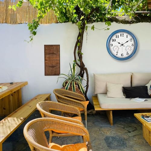 JENLYSTIME 16 Inch Blue Vintage Waterproof Indoor/Outdoor wall Clock with Thermometer & Hygrometer, Large Numerals & Silent Sweep Movement - Ideal for Porch, Garden, Pool, Bathroom - Image 4