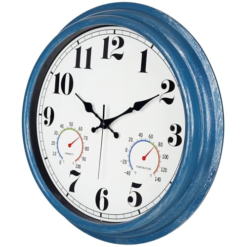 JENLYSTIME 16 Inch Blue Vintage Waterproof Indoor/Outdoor wall Clock with Thermometer & Hygrometer, Large Numerals & Silent Sweep Movement - Ideal for Porch, Garden, Pool, Bathroom - Image 2