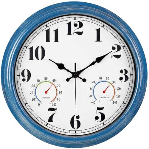 JENLYSTIME 16 Inch Blue Vintage Waterproof Indoor/Outdoor wall Clock with Thermometer & Hygrometer, Large Numerals & Silent Sweep Movement - Ideal for Porch, Garden, Pool, Bathroom - Image 1