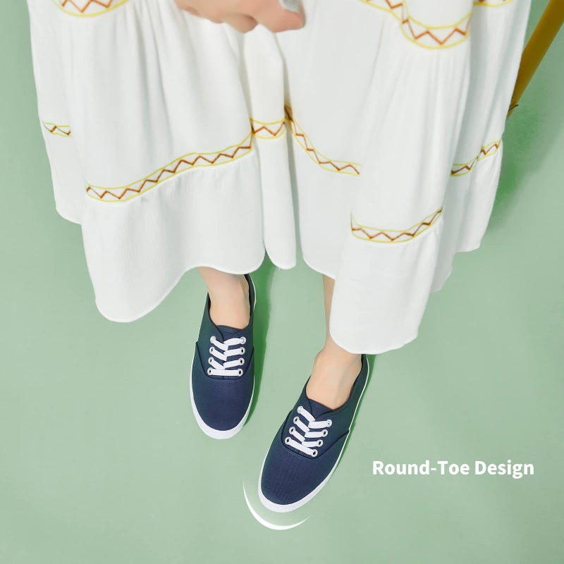 TUOPIN Womens White Canvas Sneakers Low Top Lace-up Canvas Shoes Lightweight Casual Tennis Shoes(Navy.US9) - Image 2