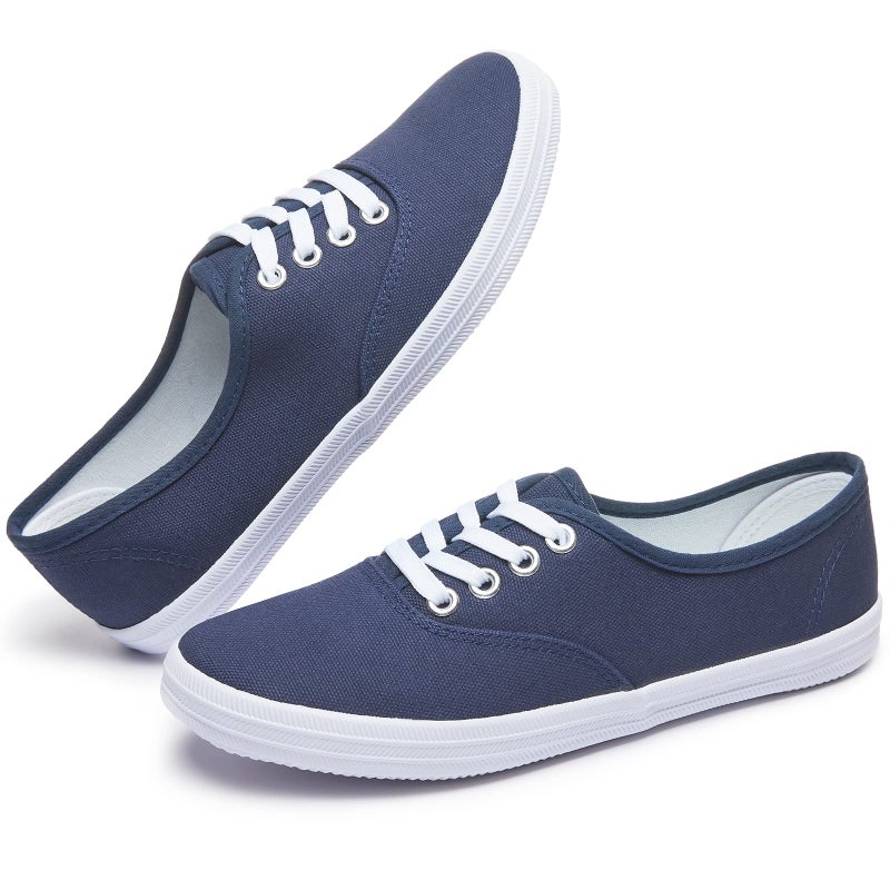 TUOPIN Womens White Canvas Sneakers Low Top Lace-up Canvas Shoes Lightweight Casual Tennis Shoes(Navy.US9) - Image 1