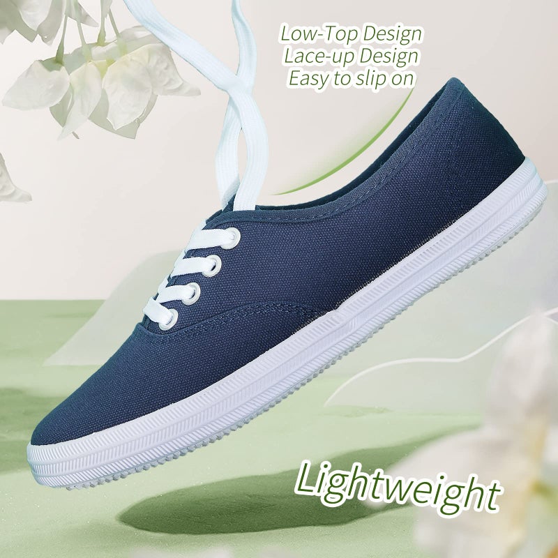 TUOPIN Womens White Canvas Sneakers Low Top Lace-up Canvas Shoes Lightweight Casual Tennis Shoes(Navy.US9) - Image 4