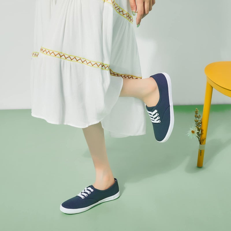 TUOPIN Womens White Canvas Sneakers Low Top Lace-up Canvas Shoes Lightweight Casual Tennis Shoes(Navy.US9) - Image 3