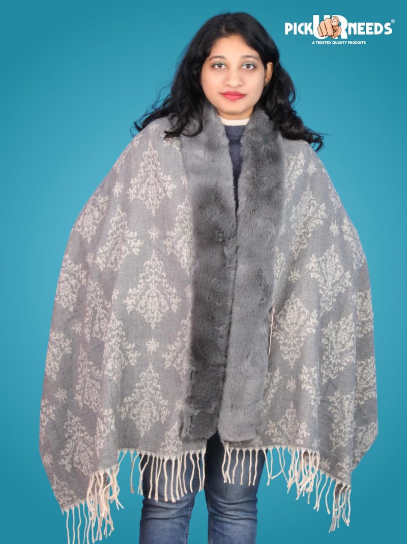 Pick Ur Needs Elegant Winter Soft & Warm Woolen Shawl with Faux Fur Border Multi Color Pattern Scarf (Dark Grey) - Image 3