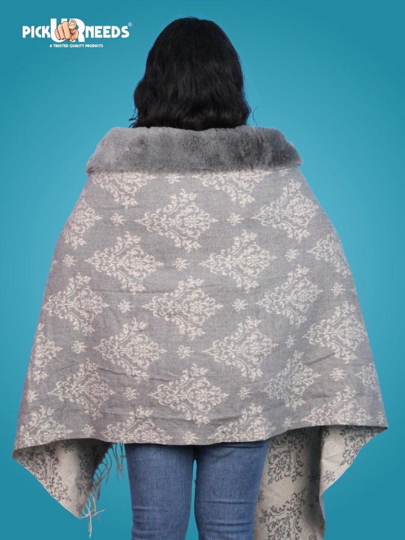 Pick Ur Needs Elegant Winter Soft & Warm Woolen Shawl with Faux Fur Border Multi Color Pattern Scarf (Dark Grey) - Image 2