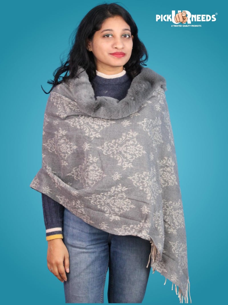 Pick Ur Needs Elegant Winter Soft & Warm Woolen Shawl with Faux Fur Border Multi Color Pattern Scarf (Dark Grey) - Image 5
