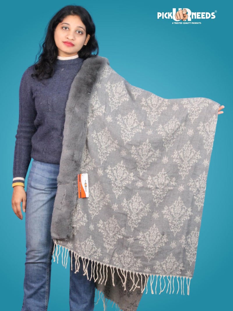 Pick Ur Needs Elegant Winter Soft & Warm Woolen Shawl with Faux Fur Border Multi Color Pattern Scarf (Dark Grey) - Image 4