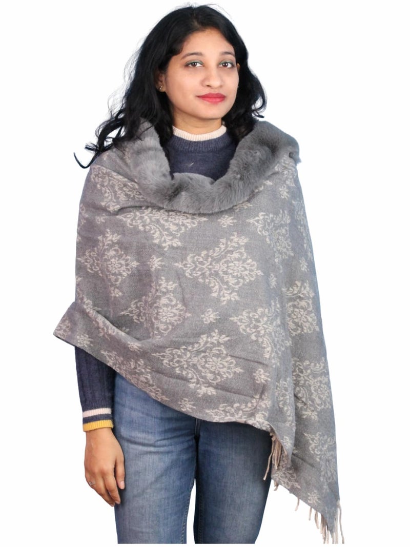 Pick Ur Needs Elegant Winter Soft & Warm Woolen Shawl with Faux Fur Border Multi Color Pattern Scarf (Dark Grey) - Image 1