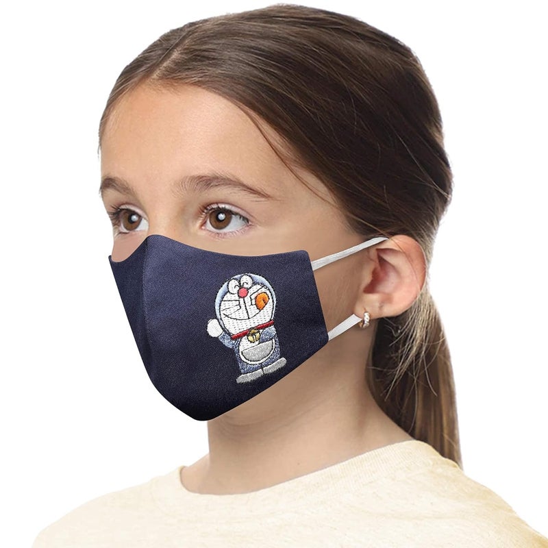 MASQ By Q-One Animation 4 Layer, Reusable, with Lanyard & Ear Adjusters, Anti-Bacterial (BFE>99%) Embroidered Cotton Cloth Face Mask for Kids (2-6 Years, Navy-Grey-Pink) - Image 2