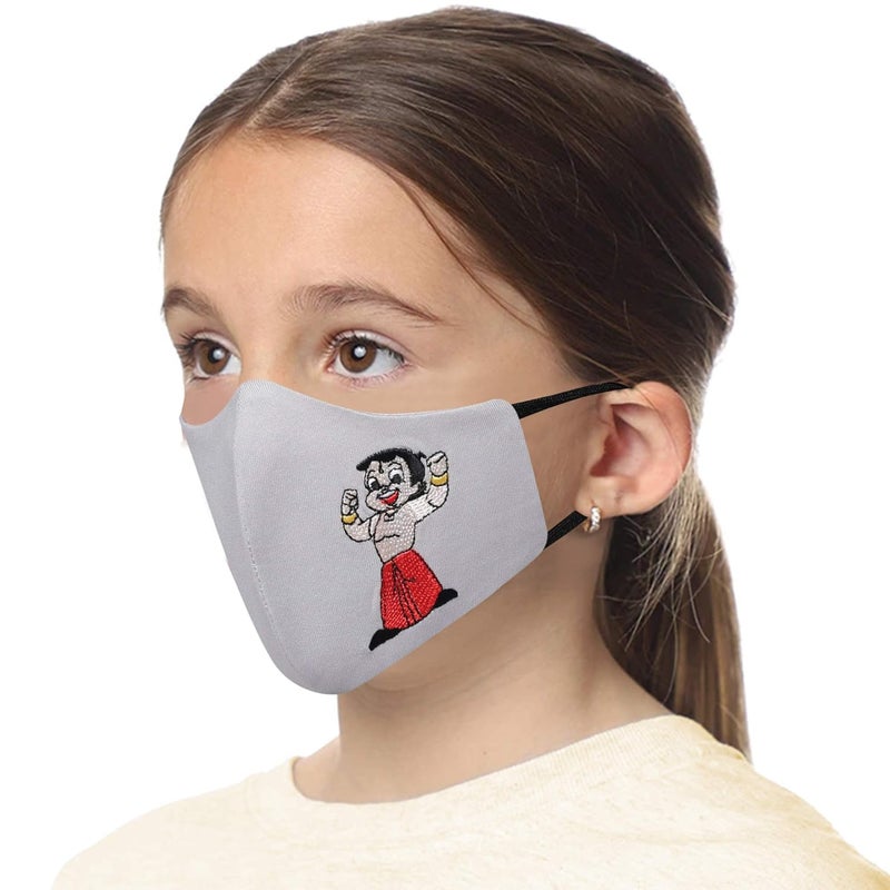 MASQ By Q-One Animation 4 Layer, Reusable, with Lanyard & Ear Adjusters, Anti-Bacterial (BFE>99%) Embroidered Cotton Cloth Face Mask for Kids (2-6 Years, Navy-Grey-Pink) - Image 5