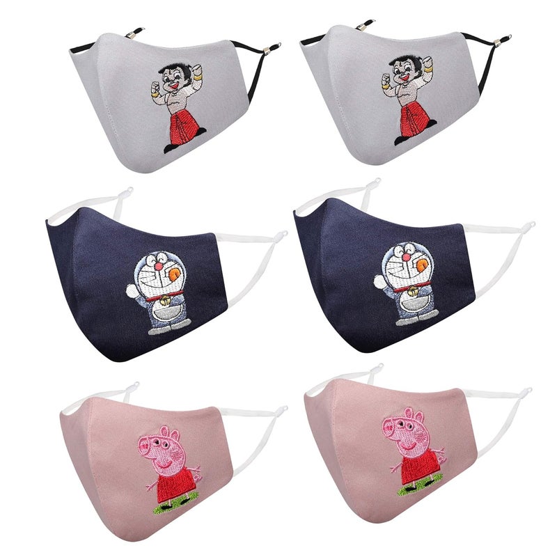 MASQ By Q-One Animation 4 Layer, Reusable, with Lanyard & Ear Adjusters, Anti-Bacterial (BFE>99%) Embroidered Cotton Cloth Face Mask for Kids (2-6 Years, Navy-Grey-Pink) - Image 1