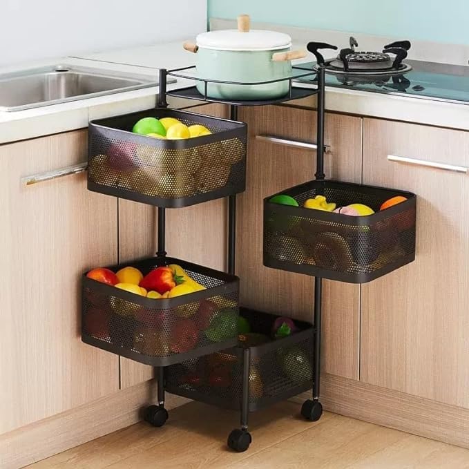 YouBee Metal MultiPurpose Mesh Rotating Trolley Storage Organizer and Kitchen Accessories Items for Kitchen Storage Rack Design for Fruits VegetableKitchen Accessories Items4 LayerBlackSquare
