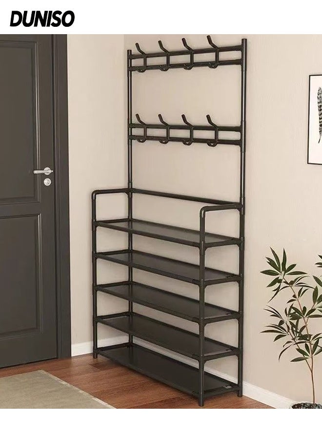 DUNISO 4-Tier Coat Rack with Shoe Rack,3 in 1 Shoe Organizer Cabinet with 8 Hooks,Freestanding Shoe Shelf,Moisture Resistant and Durable,Save Space,for Entryway Bedroom Closet,Living Room - Image 1