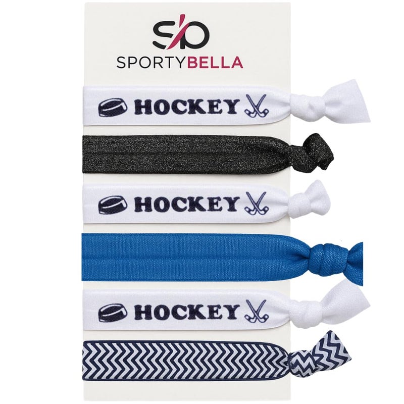 Hockey Hair Ties Set 6pc NoCrease Elastic Ponytail Holders for Girls Players and Fans Blue Black Accessories for Practice Game Day Party Favors or Team Gifts