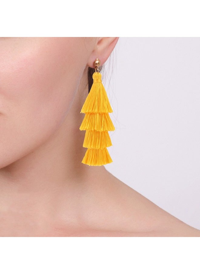 BaubleStar - Fashion Gold Tassel Dangle Earrings Layered Long Bonita Tiered Yellow Thread Tassel Drop Statement Jewelry For Women - Image 1