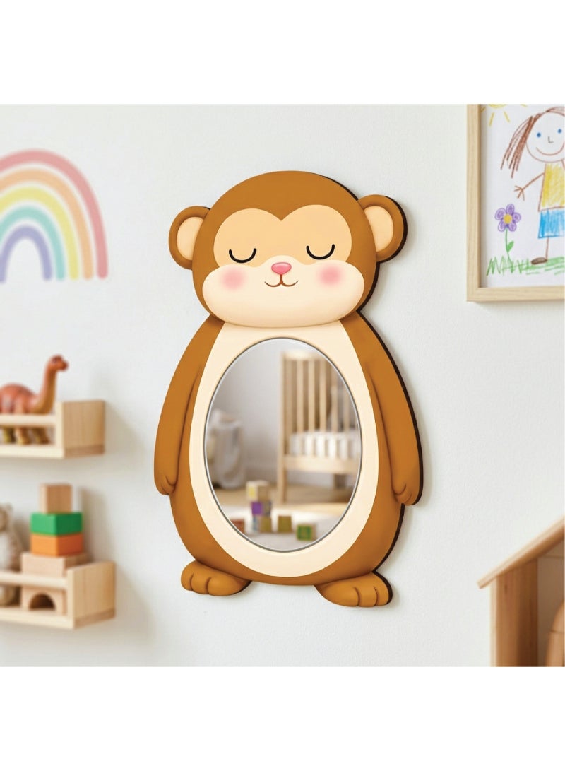 A cute cartoon monkey-shaped children's wall mirror for boys, made of high-quality wood with a smooth and elegant design, completely safe for children and unbreakable, lightweight and easy to install, ideal for decorating children's rooms and adding a warm and fun touch to the place. - Image 1