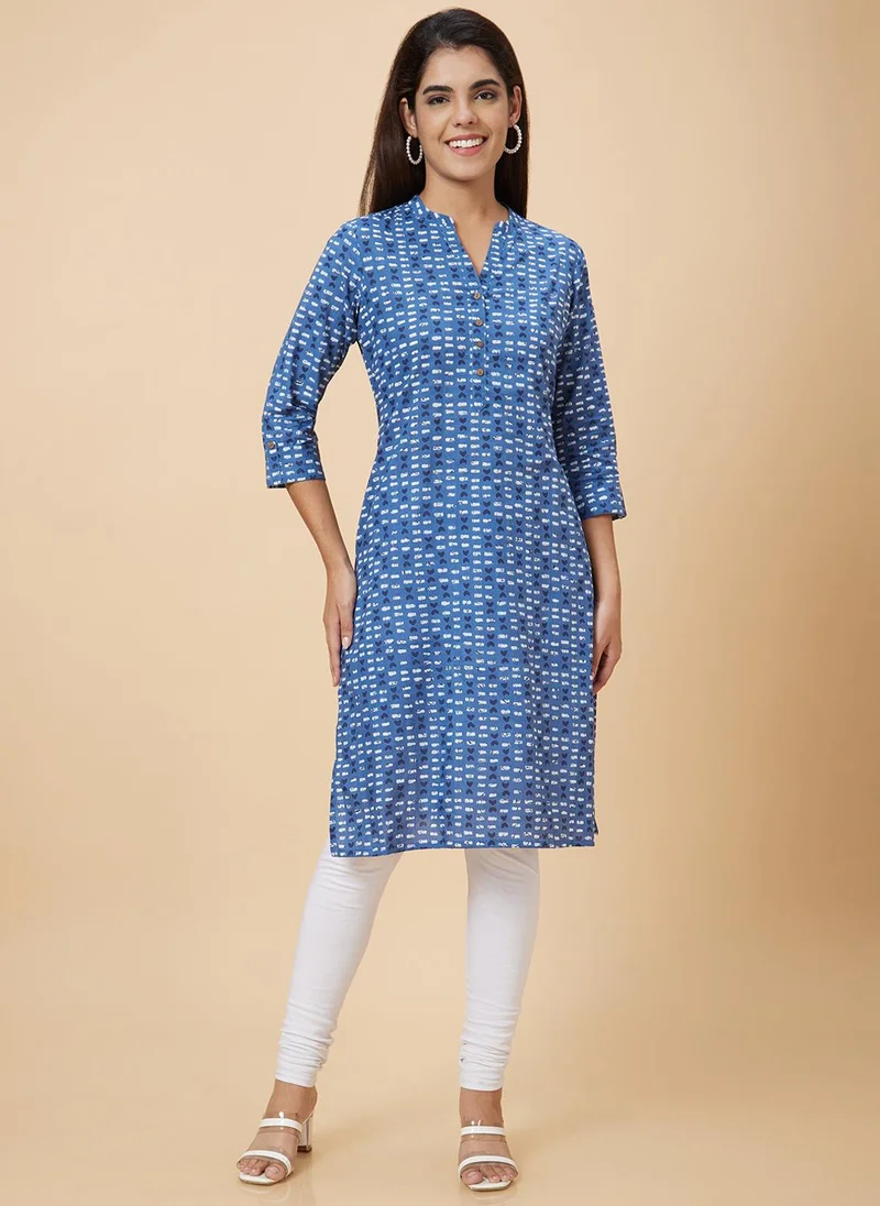 globus Globus Women Mandarin Collar Geometric Print Straight Knee Length Kurta