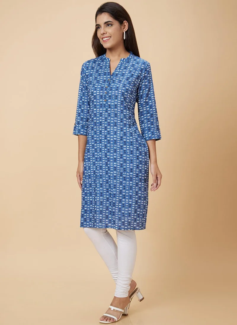 globus Globus Women Mandarin Collar Geometric Print Straight Knee Length Kurta