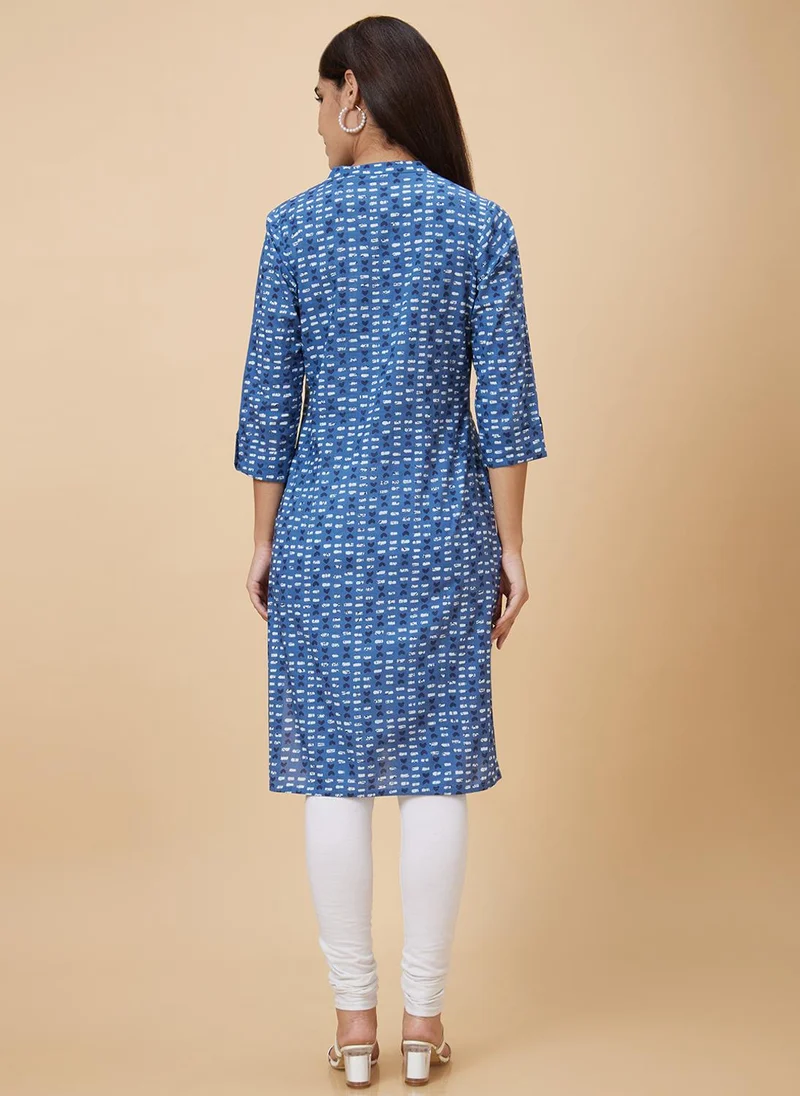 globus Globus Women Mandarin Collar Geometric Print Straight Knee Length Kurta