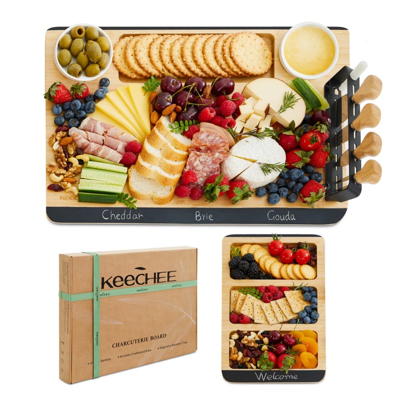 Keechee Charcuterie Board Gift Set Large Bamboo Cheese Board with Chalkboard Edge  Forks  Ideal for Housewarming Weddings Bridal Showers and Unique Gifts for Mom