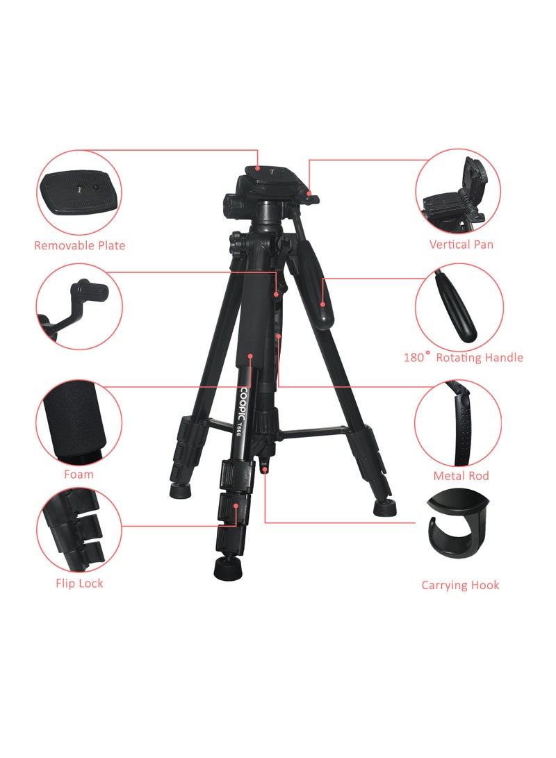 COOPIC T666 Lightweight Tripod 140cm/55inch Aluminum Camera Tripod 3 Way Swivel Pan Head for DSLR Camera Smartphone’s DV Video Maximum Load 4kg - Image 2