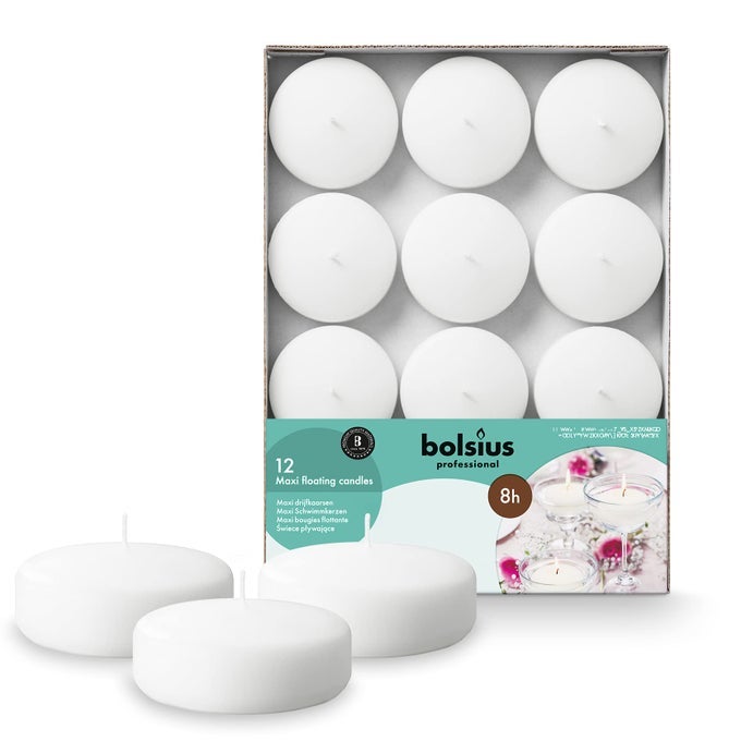 WHITE FLOATING CANDLES 3 INCH SET OF 12 MAXI CANDLES 8 HOUR CLEAN BURNING PALM OIL FREE 0 ANIMAL FAT PREMIUM EUROPEAN QUALITY