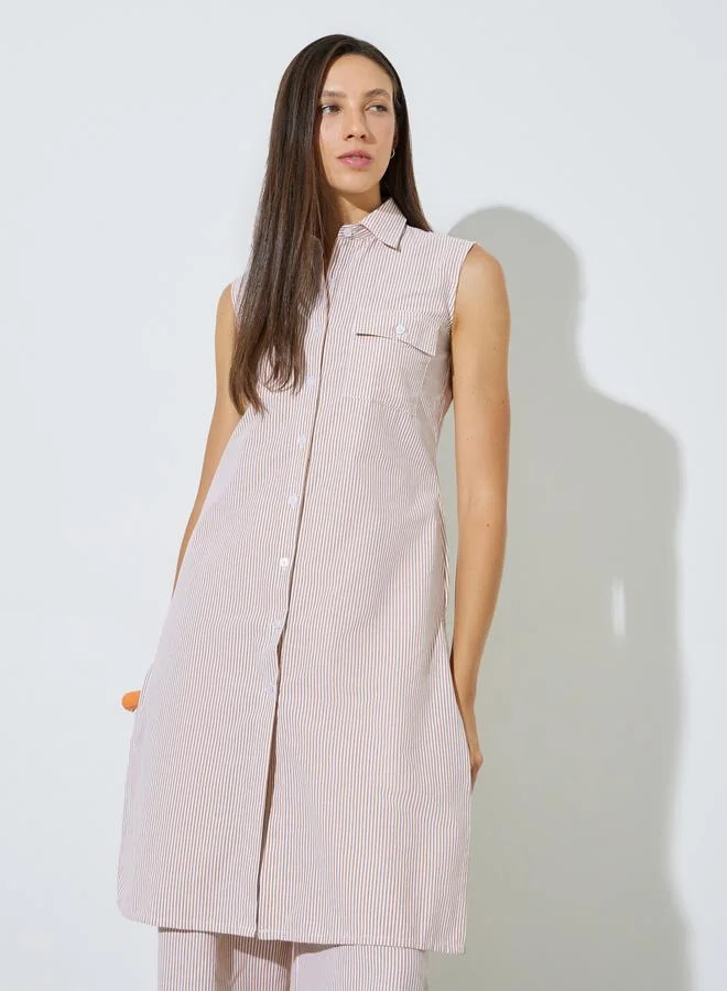 Styli Beige Striped Longline Shirt