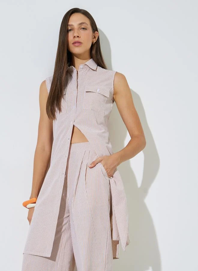 Styli Beige Striped Longline Shirt