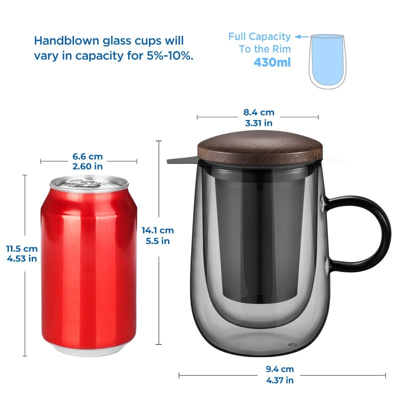 glastal Tea Infuser Mug 14.5oz Glass Tea Cup with Removable Stainless Steel Infuser and Lid, Double-walled Black Glass Tea Cup Teacup for Loose Leaf Tea, Birthday for Parents Dad Mum Friends Office - Image 2