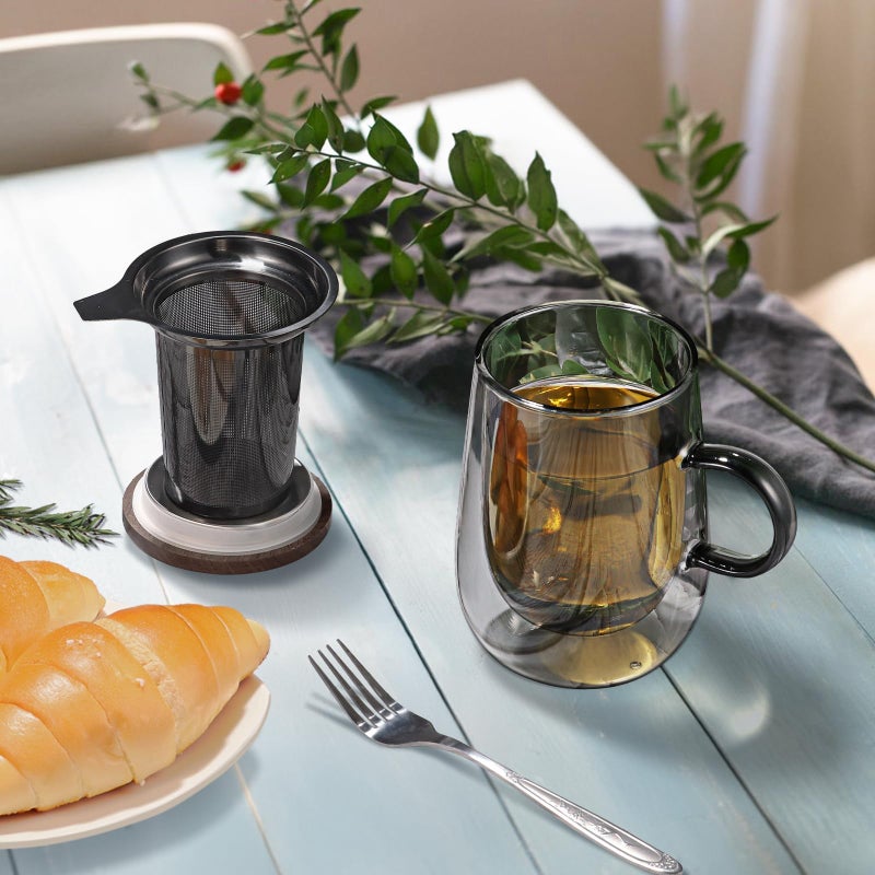 glastal Tea Infuser Mug 14.5oz Glass Tea Cup with Removable Stainless Steel Infuser and Lid, Double-walled Black Glass Tea Cup Teacup for Loose Leaf Tea, Birthday for Parents Dad Mum Friends Office - Image 5