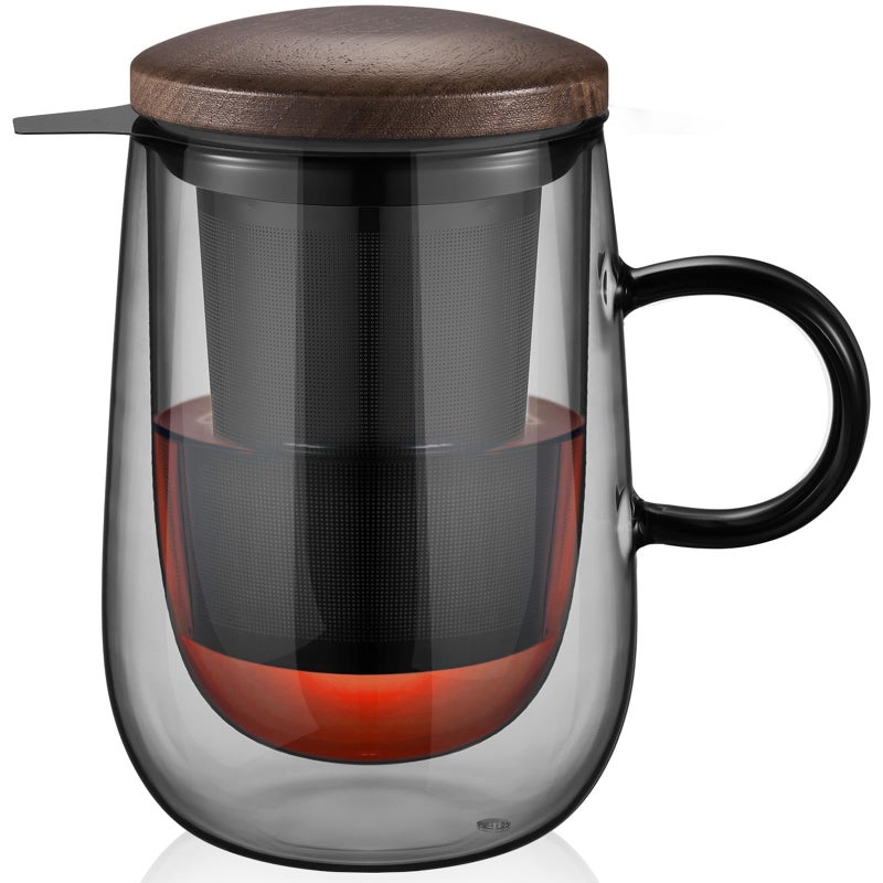 glastal Tea Infuser Mug 14.5oz Glass Tea Cup with Removable Stainless Steel Infuser and Lid, Double-walled Black Glass Tea Cup Teacup for Loose Leaf Tea, Birthday for Parents Dad Mum Friends Office - Image 1