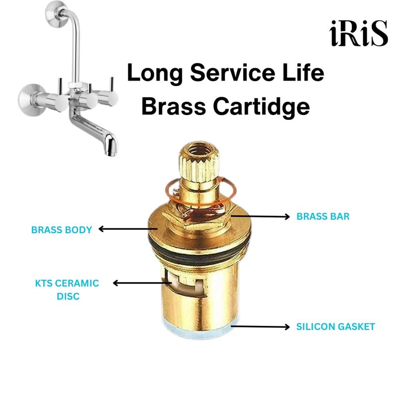 IRIS 2-in-1 Brass Wall Mixer Tap with Overhead Shower Provision | 125mm Long Bend Pipe | Visible Hot/Cold Indicators | Chrome Finish Bathroom Wall-Mounted Faucet | Heavy-Duty Brass Construction - Image 2