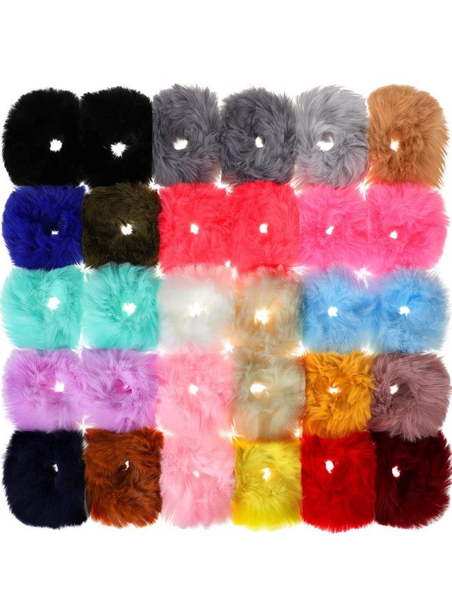 WILLBOND 30 Pieces Fuzzy Scrunchies Bulk Pompom Ball Elastic Hair Ties Fluffy Ponytail Holders Pom Hair Band for Women Hair Accessories, 21 Colors - Image 1