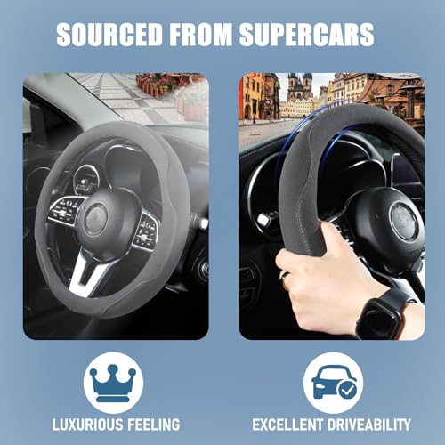 Binsheo Gray Suede D Shaped Steering Wheel Cover, Breathable Non-Slip Sweat-Proof Wear-Resistant No Pilling, Warm in Winter and Cool in Summer, Universal 15 inch - Image 4