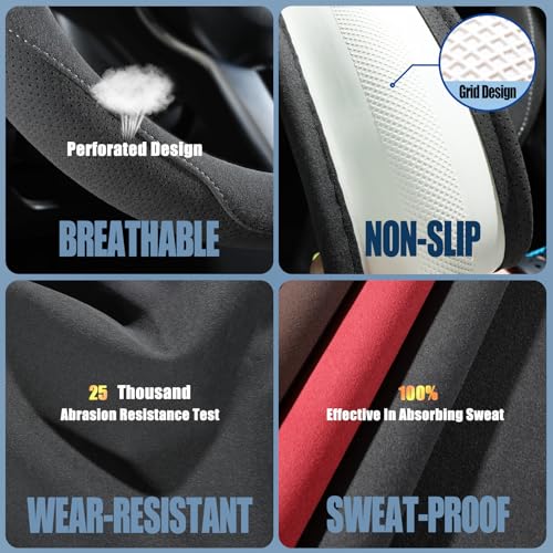Binsheo Gray Suede D Shaped Steering Wheel Cover, Breathable Non-Slip Sweat-Proof Wear-Resistant No Pilling, Warm in Winter and Cool in Summer, Universal 15 inch - Image 3
