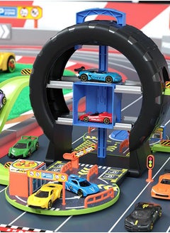 MileMelo Kids Race Tracks Toys Set Tyre-Shape Car Adventure Toys Puzzle Car Tracks Playsets with 4 Mini Cars Parking Lot Toys Race Car Toys for Birthday Gifts Educational Race Tracks Toys  - Image 3