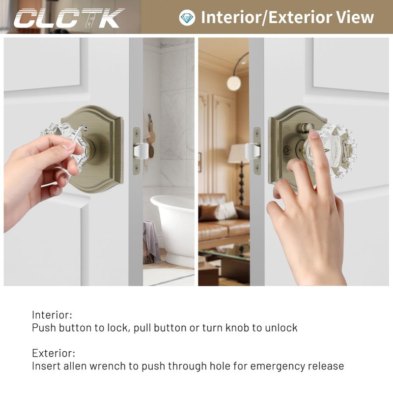 CLCTK Glass Door Knobs Interior with Lock, Vintage Crystal Privacy Antique Bronze/Brass Door Knobs for Bedroom Bathroom, 1 Pack - Image 3