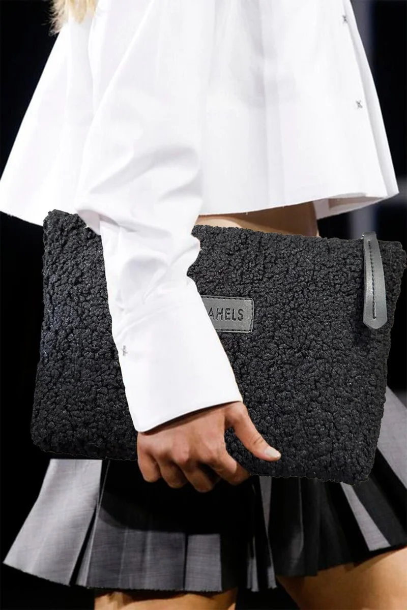 باهلس Women's Black Plush Teddy Clutch Portfolio Bag