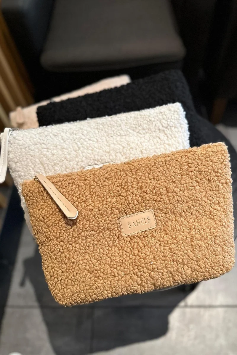 باهلس Women's Black Plush Teddy Clutch Portfolio Bag
