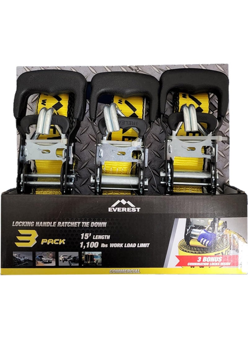 Everest 15 x15 1100 LBS Working Load Limit 3300 LBS Break Strength Ratchet TIE Down 3PK with Combination Locks  - Image 1