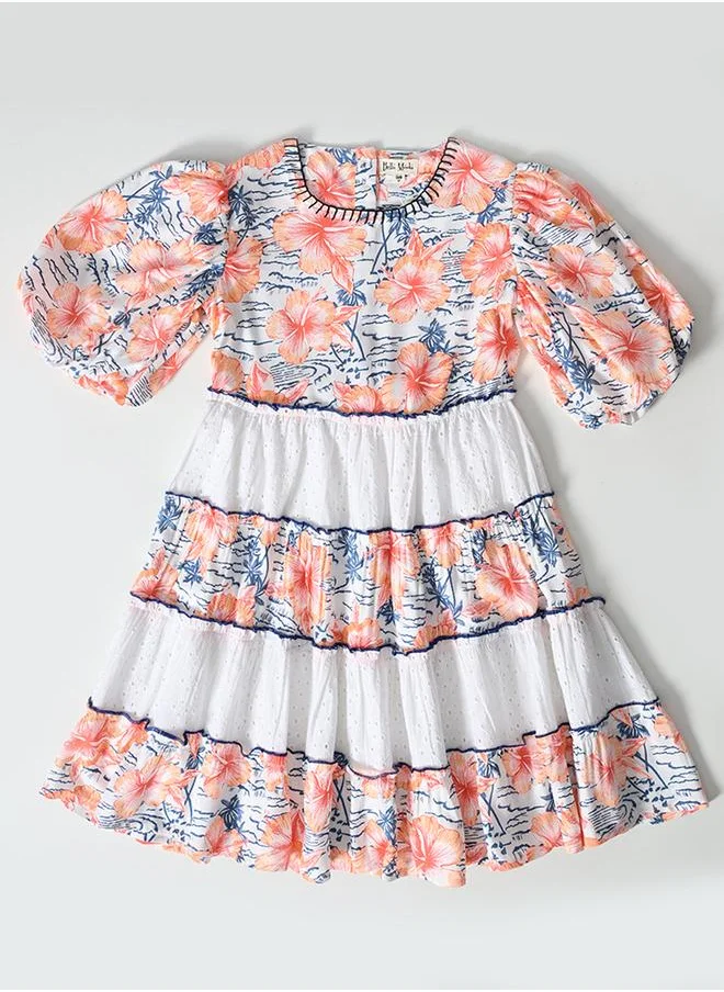 بيلا مودا Bella Moda Floral Print Schiffli Tiered Dress with Balloon Sleeves