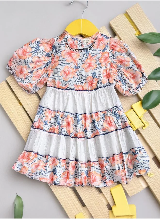 بيلا مودا Bella Moda Floral Print Schiffli Tiered Dress with Balloon Sleeves