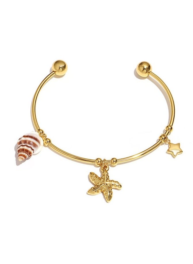 Rwnq "Delicate Gold Plated Stainless Steel Bangle Bracelet with Shell and Starfish Charm - Ocean Inspired Simple Open Bracelet - For Women and Girls - Stainless Steel Bracelet - Stainless Steel Accessories."  - Image 1