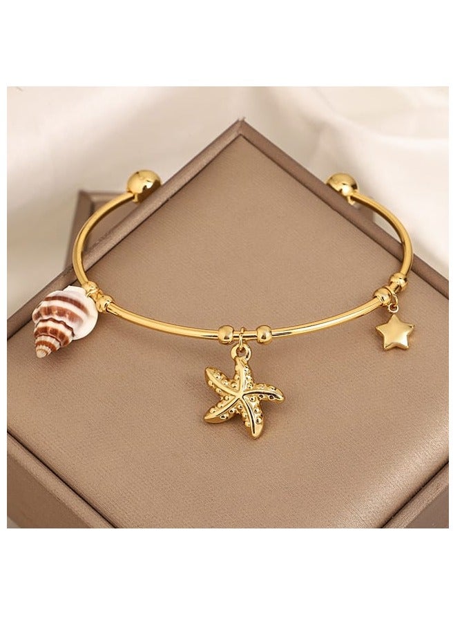 Rwnq "Delicate Gold Plated Stainless Steel Bangle Bracelet with Shell and Starfish Charm - Ocean Inspired Simple Open Bracelet - For Women and Girls - Stainless Steel Bracelet - Stainless Steel Accessories."  - Image 3