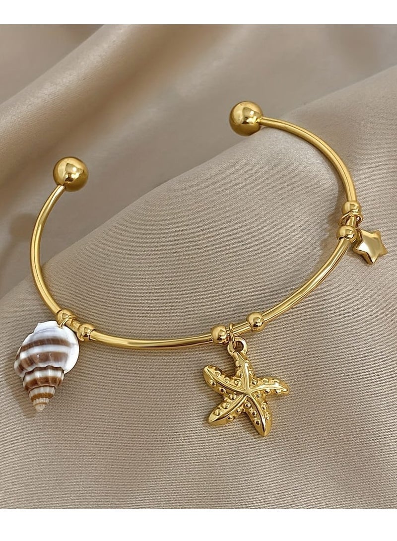 Rwnq "Delicate Gold Plated Stainless Steel Bangle Bracelet with Shell and Starfish Charm - Ocean Inspired Simple Open Bracelet - For Women and Girls - Stainless Steel Bracelet - Stainless Steel Accessories."  - Image 2